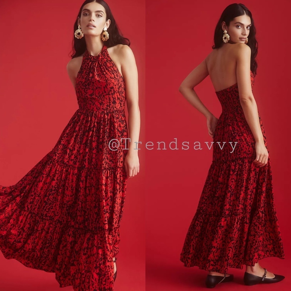 Anthropologie Payal Jain Red Halter Tiered Maxi Dress 8 Wedding Guest Formalwear